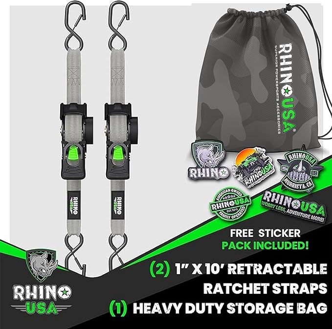 Rhino USA Retractable Ratchet Straps (2-Pack) - 1 Inch x 10 Feet (1,209lb Break Strength) - Auto Self Retracting Tie Down Straps for Truck, Cargo Trailer, Motorcycle, ATV, UTV - Gray