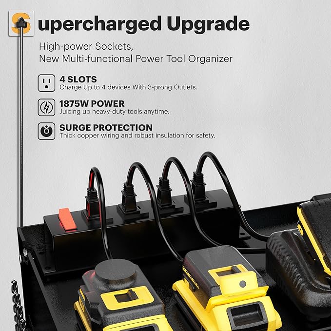 Spampur Power Tool Organzier with Charging Station, Garage Storage Cabinet with Doors and Shelves, Metal Wall Mount Rack with 4 Drill Holder/4 Outlet Power Strip, Tool Rack for Workshop/Shed/pegboard