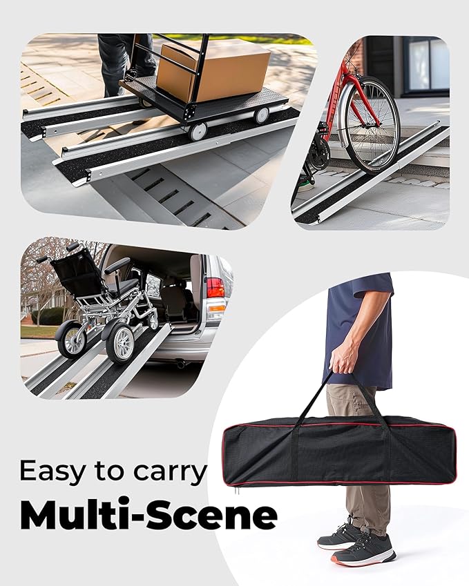 Adjustable Wheelchair Ramp 4FT Telescoping Portable Wheelchair Ramps for Steps Ramps for Wheelchair for Home with Storage Bag Aluminum Non-Skid Ramps