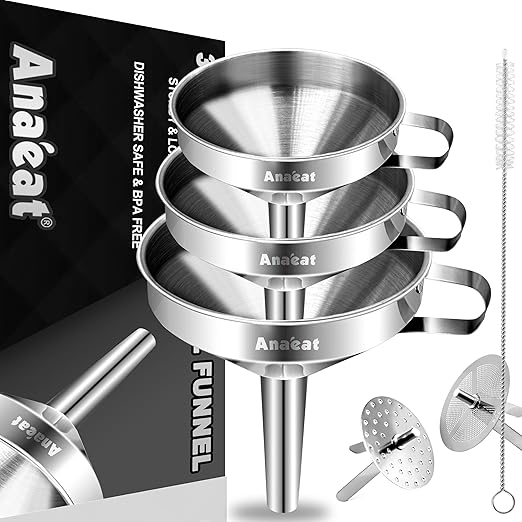Anaeat 3 Pack Stainless Steel Kitchen Funnel Set, Multi-Use Premium Metal Food Grade Cooking Funnels with 2 Removable Strainer Filter for Transferring Liquid or Dry Ingredients & 1 Pc Cleaning Brush