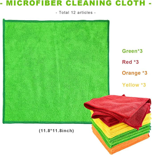 12PCS Microfiber Cleaning Cloths, 12"×12" Soft Absorbent Streak-Free Car Drying Towels, Scratch-Proof Lint Free Rags All Purpose Wash Cloth for Cars Houses Windows Kitchen