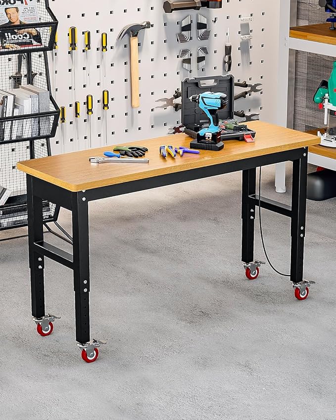 60" Heavy Duty Workbench with Wheels, 2200 LBS Capacity Height Adjustable Work Bench for Garage Bamboo Wood Work Table Work Station with Power Outlet & Pegboard for Garage, Office, Workshop