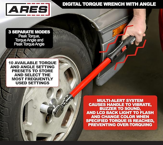ARES 43008-1/2-Inch Drive Flex Head Electronic Digital Torque and Torque Angle Wrench - 25-250 ft/lbs (34-340Nm) - Reversible Sealed Head - Multi-Alert Prevents Over-Torquing