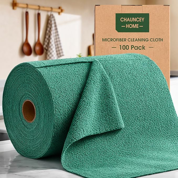 Microfiber Cleaning Cloth Roll–100 Pack, Tear Away Microfiber Towels, Reusable, Washable, Scratch-Free, Kitchen Towels for Car, Home, Kitchen, Glass, Dishes (Malachite Green)