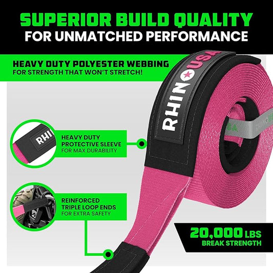 Rhino USA Recovery Tow Strap (2" x 20') - 20,024lb Break Strength - Emergency Recovery Strap Tow Rope for UTV, ATV & More - Heavy Duty Towing Strap for Offroad 4x4 Use - Compatible with RZR and Can-Am