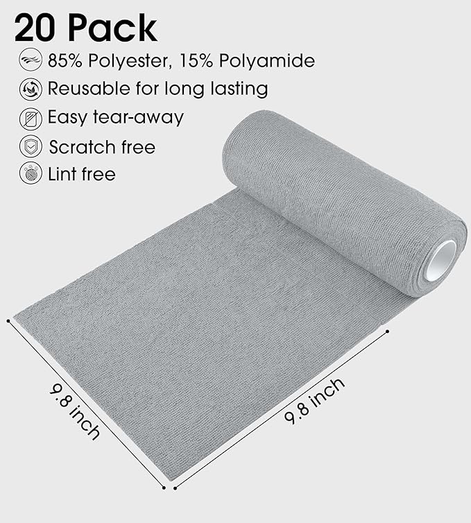 KitchLife Microfiber Cleaning Cloth Roll - Tear-Away Reusable Microfiber Paper Towels, Lint-Free, Washable, 20 Sheets for Kitchen, Car, Dishes, and Sensitive Surfaces (Grey)
