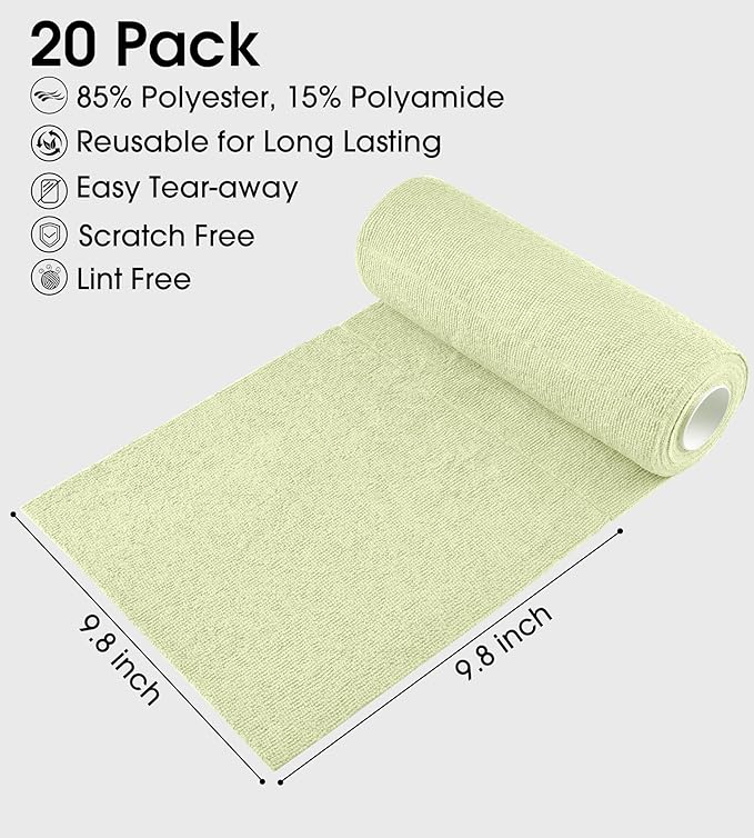 KitchLife Microfiber Cleaning Cloth Roll - Tear-Away Reusable Microfiber Paper Towels, Lint-Free, Washable, 20 Sheets for Kitchen, Car, Dishes, and Sensitive Surfaces (Light Green)