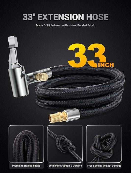 LUMITECO 33'' Air Release Extension Hose, 7-Pack Tire Inflator Replacement Hose w/Presta Valve Adaptor&Ball Pump Needle Kit, Tire Valve Air Chuck Lock for Bike Pump Portable Air Compressor Attachments