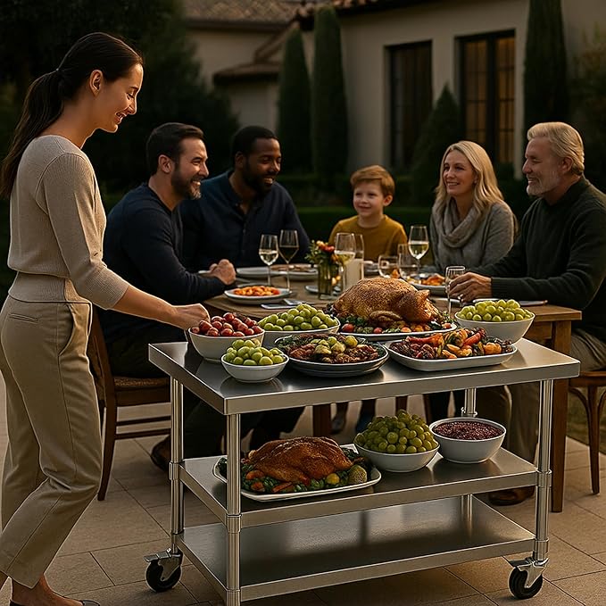 Stainless Steel Table with Wheels for Food Preparation and Work, Multi-Size Optional, Three-Layer Variable Two-Layer Metal Commercial Workbench Outdoor, Restaurant, Kitchen (48" Lx24 Wx34 H)