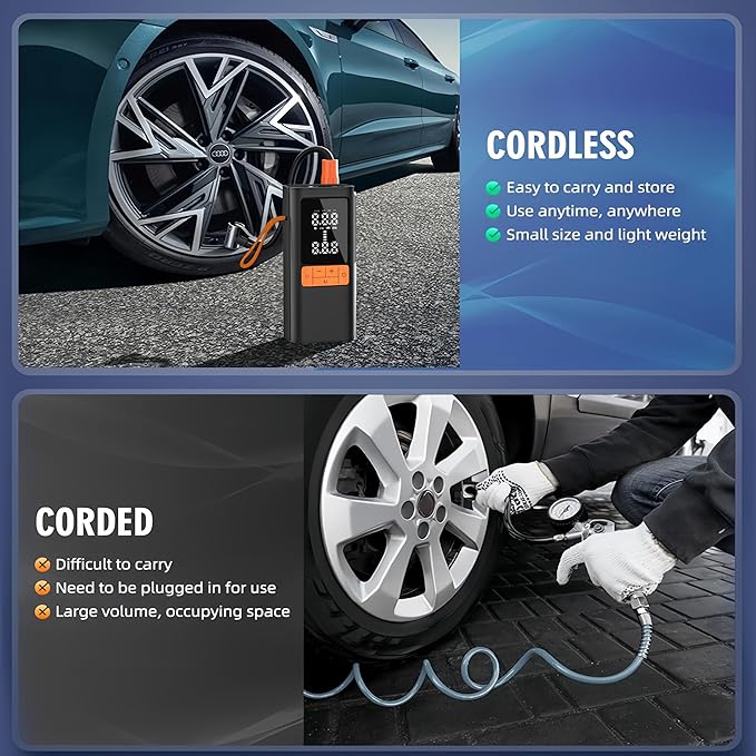 Tire Inflator Portable Air Compressor - 150PSI with Digital Dual-Value Display & LED Light, 12V DC for Cars, Motorcycles, Bicycles, Balls, etc.