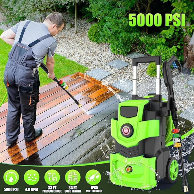5000 PSI Professional Electric Pressure Washer,4.0 GPM Heavy Duty Power Washer with 4 Nozzles,Foam Cannon,33FT Hose and 500ml Soap Bottle for Home/Cars(Green)