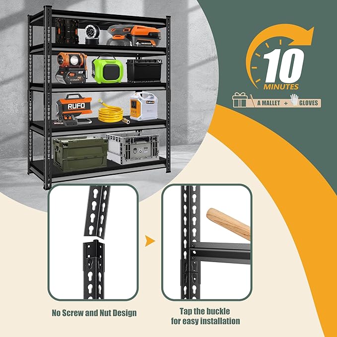 5-Tier Garage Shelving Heavy Duty，78" Metal Shelving Unit for Garage, 2800 lbs Load Capacity Utility Rack Shelves＆ Garage Shelves, Black, 5-Tier,48" Wx18 Dx78 H