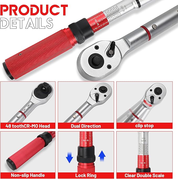 3/4 Inch Torque Wrench, 48 Tooth Torque Wrench 3/4 Drive 100-600FT.LB/135-815N.M with a Solid Storage Case