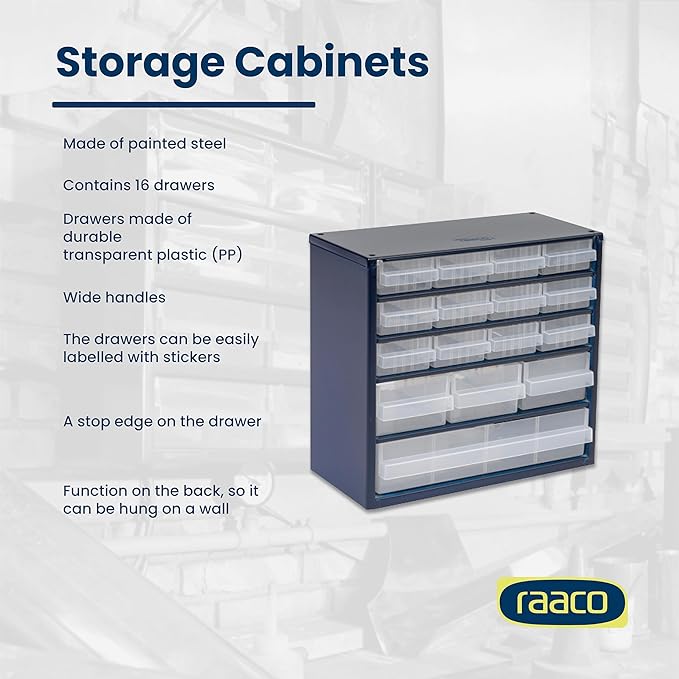 Raaco Steel Storage Cabinet, Compact 16-Drawer, Clear Polypropylene Plastic Drawer – Small Parts Organizer, Screws, Nuts & Bolts, Crafts & Hardware – Tool Cabinet for Workbench & Wall Storage (C6-16)