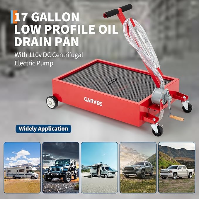 GarveeTech Oil Drain Pan 15 Gallon Oil Drain Tank,57L Low Profile Oil Drain Pan,Oil Catch Pans for Changing Oil,Foldable Hand, with Pump, Hose, Swivel Casters for Car, SUV, Trucks Oil Draining Red