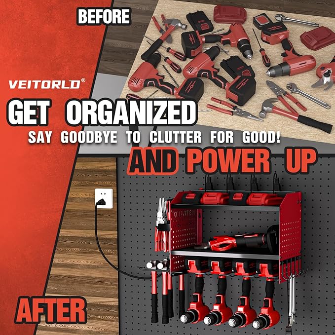 Power Tool Organizer with Charging Station, Heavy Duty Modular Wall Mount Rack for Garage & Shed Organization, 4 Drill Holders, Fathers Day Anniversary Birthday Gifts for Men Dad Him Husband(Red)
