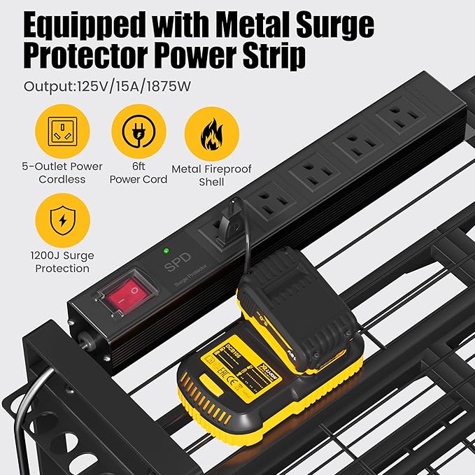 MOOMSINE Large Power Tool Organizer Wall Mount with Charging Station, 400lbs Metal Storage Rack with 8 Cordless Drill Holder, 4 Tier Heavy Duty Battery Tool Shelf with 5 Outlet Power Strip for Garage