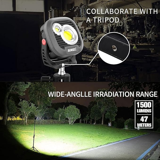 LED Rechargeable Magnetic Work Light SUNREI Mechanic Light Power Bank 180° Rotating,1500LM, 6 Modes,Magnetic&Hook, IPX5 Waterproof, Magnetic Flashlight for Camping, Car Repairing(Gray)