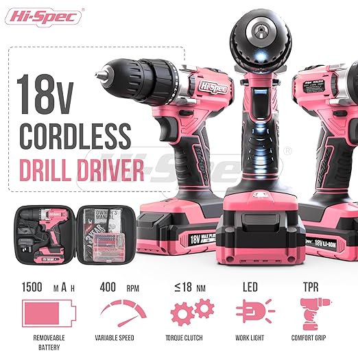 Hi-Spec Pink Cordless Drill Set, 18V Electric Drill with Battery And Charger,Includes Driver/Drill Bit Set for Wood, Steel and Concrete.In a Carrying Case for Home Repair, 58-Piece