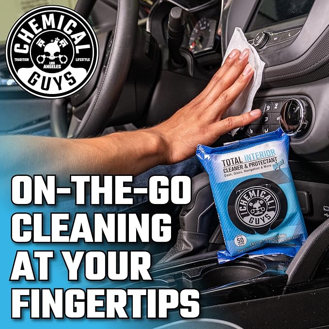 Chemical Guys Total Interior Cleaner & Protectant Wipes – 50 Pack Multi Surface Car Interior Cleaning Wipes for Dashboards, Doors and Seats – Safe for Trucks, SUVs, RVs and Home Use