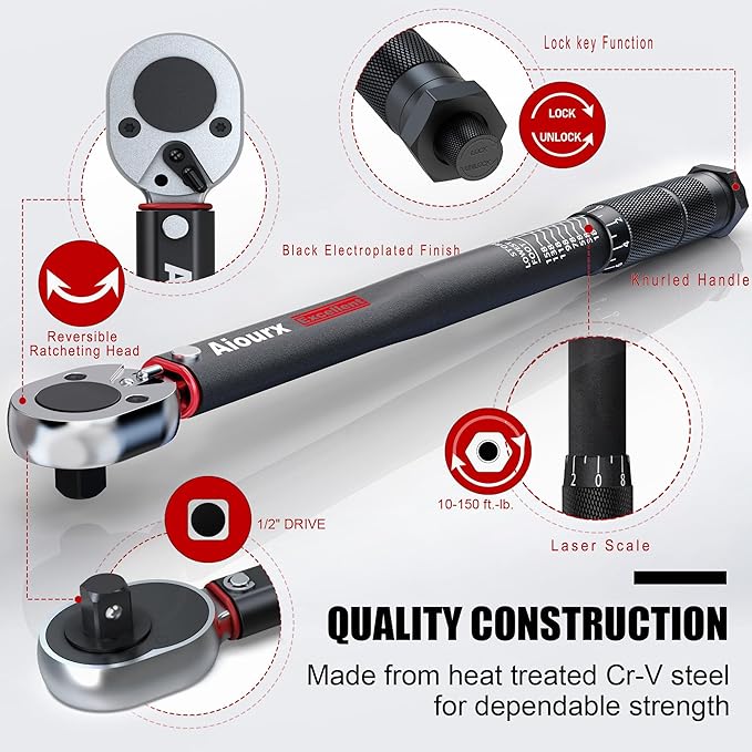 1/2" Drive Torque Wrench, 8-168 Ft.-Lb. Click Torque Wrench, 72 Tooth Dual-Direction Adjustable, Dual Scale, ±3% Accuracy, for Bicycle, Motorcycle, Automotive Repair and Maintenance