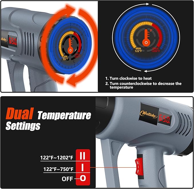 Heat Gun LCD Digital Display 7-Level Temperature Control 122-1202℉ Hot Air Gun with 4 Nozzles Fast Heating Overload Protection for Shrink Tubing, Vinyl Wrap, Crafting,Resin, 5Ft Power Cord