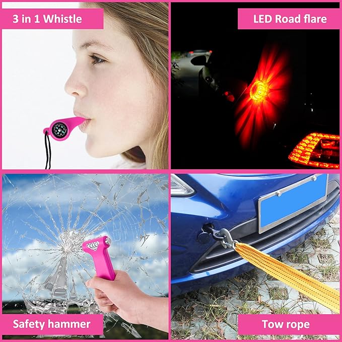 Pink Roadside Assistance Kit with Jumper Cable, Tow Rope, LED Road Flare, Deer Whistles and More Women Emergency Safety Tool Kit