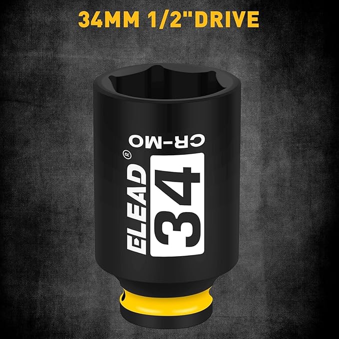 ELEAD 34 mm Socket 1/2" Drive Deep Impact Socket, Metric 6 Point 1/2-inch Drive Impact Axle Nut Sockets, CR-MO Nut Socket Set, Tools for Easy Removal of Axle Shaft Nuts
