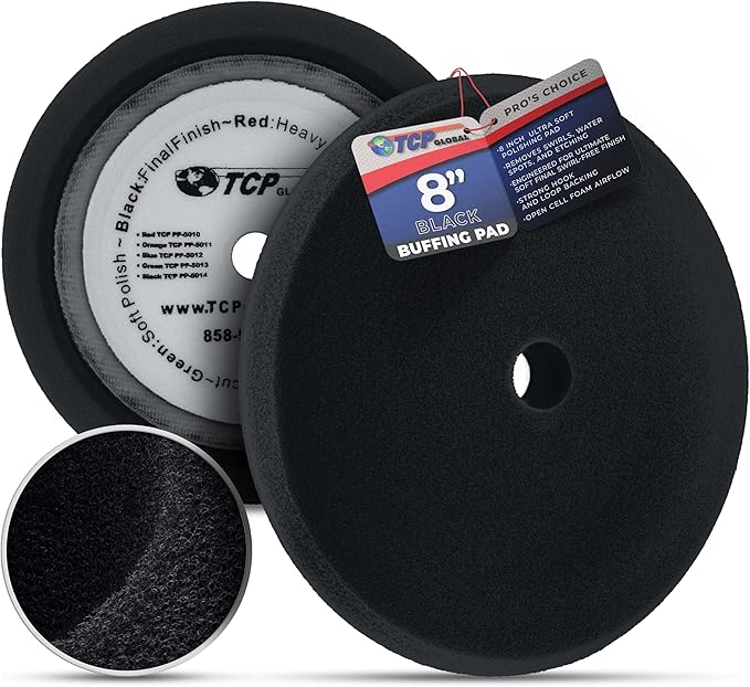 TCP Global 8" Black Foam Buffing Pad Extra Fine Finishing Polish Hook and Loop Backing - Buffing Pad for Automotive, Marine, Truck, RV & Compound Cutting