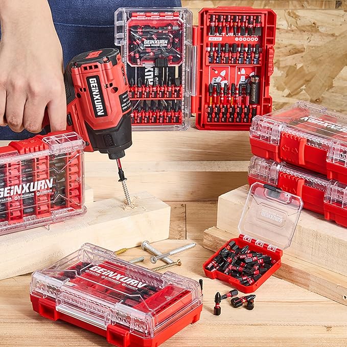 Geinxurn 107Pieces Impact Screwdriver Bits Set, Magnetic S2 Steel 1”/2”3”Phillips/Square/Torx/Slotted/Hex/Pozi Bits Tips and Impact Bit Holder with Storage Box Case
