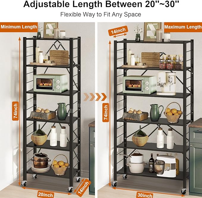 Himix 6 Tier Foldable Storage Shelves, Expandable Folding Bookshelf with Wheels, Changeable into 2 Shelf Units, Collapsible Adjustable Storage Rack Metal Shelves for Garage, Kitchen, Black