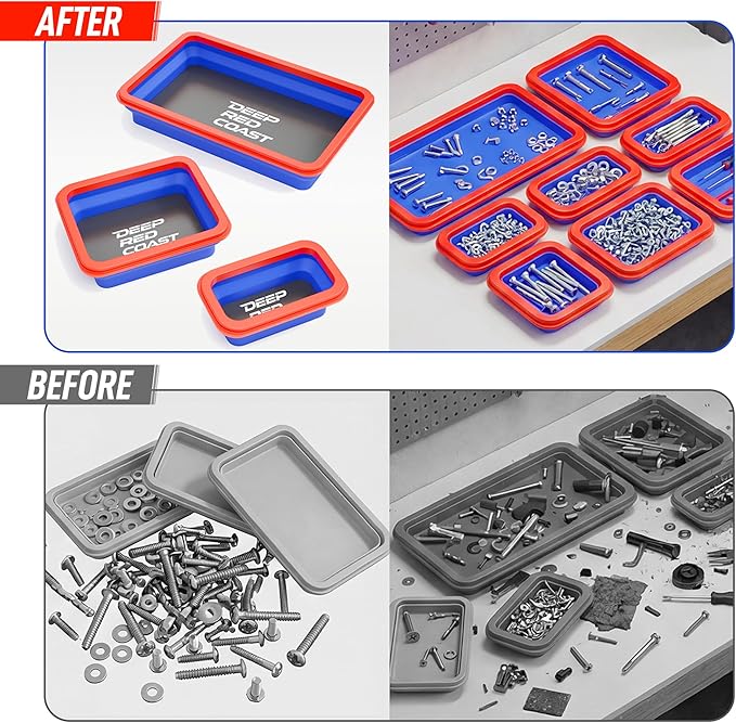 3PCS Magnetic Parts Tray Set, Collapsible Silicone Tool Trays in 3 Sizes for Organizing Screws Nuts Bolts Washers and Small Metal Parts