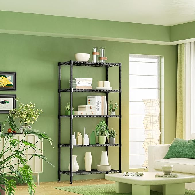 IZEUK 5 Tier Black Metal Storage Shelves, Heavy Duty Wire Shelving Rack for Garage, Kitchen, Bathroom, or Laundry Organization, 1250 lbs Capacity, 13.8" D x 35.4" W x 68.5" H
