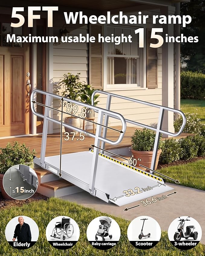 FACHNUO Upgraded 1600 lbs Capacity Wheelchair Ramp with Handrails, 5 FT Portable Ramp for Wheelchairs for Home, Handicap Ramp for Home Steps, Stairs, Home Entry, Doorways, Threshold,Scooters, Walkers