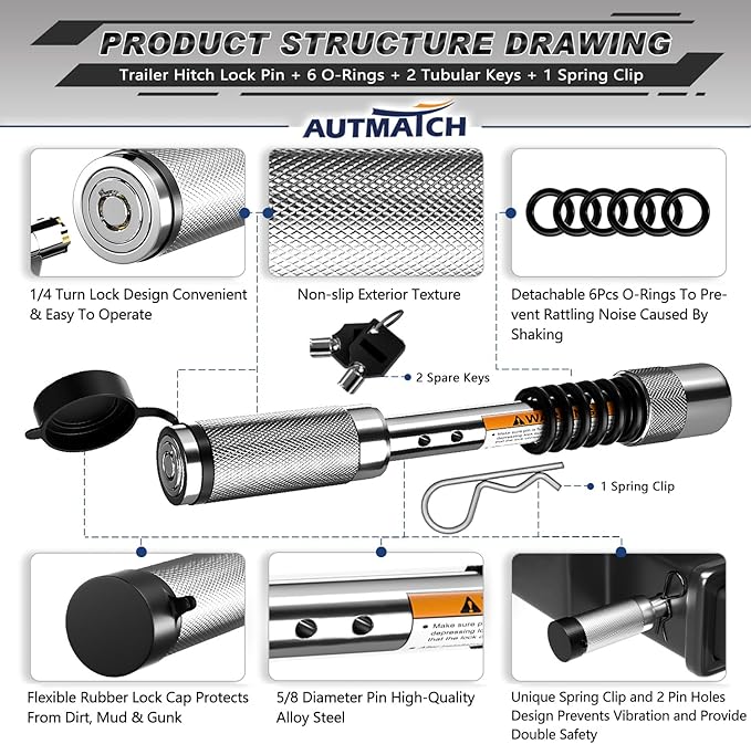 AUTMATCH Trailer Hitch Lock 5/8" - 3-1/2" Extra Long Span & Anti-Theft Hitch Locking Pin, Fits Class III IV 2"-2.5" Receivers, Heavy Duty Towing Lock Pin for Jeep, Trailer, Truck, RV, Bike, Silver