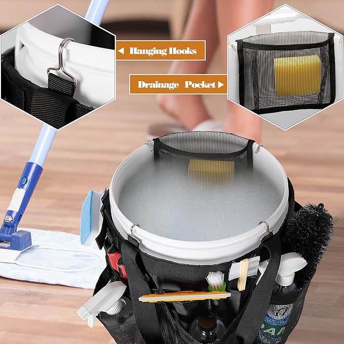 5 Gallon Bucket Organizer with Anti-fall Hooks & Buckle, Car Wash Bucket Caddy with Mesh Pockets, 5 Gallon Cleaning Tools Bag for Home, Auto, Garden & Fishing