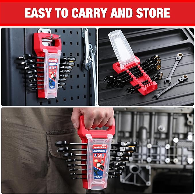 WORKPRO 8-piece Flex Head Ratcheting Wrench Set, Anti-slip Set SAE 5/16-3/4 inch, 72-Teeth, Cr-V Constructed, Black Electrophoretic Coating with Rack Organizer