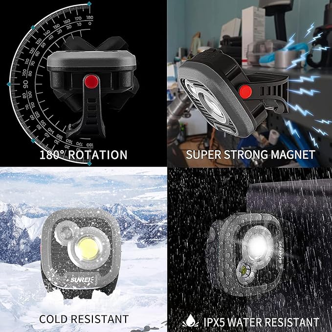 LED Rechargeable Magnetic Work Light SUNREI Mechanic Light Power Bank 180° Rotating,1500LM, 6 Modes,Magnetic&Hook, IPX5 Waterproof, Magnetic Flashlight for Camping, Car Repairing(Gray)
