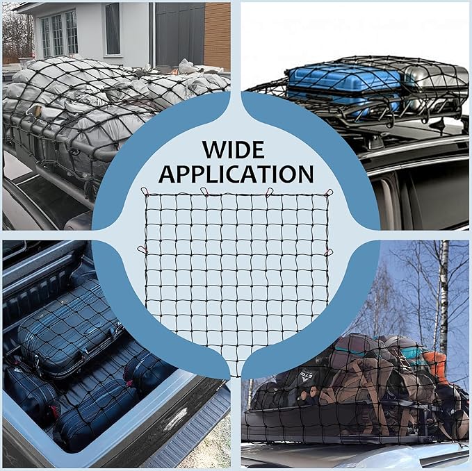 Cargo Net for Pickup Truck Bed 4' x 4' Stretches to 8' x 8' with 12 Metal Carabiners - Truck Bed Accessories for Dodge RAM, Ford, Chevy, Toyota