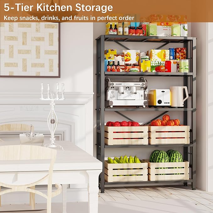 GIOTORENT 5-Tier Kitchen Storage with Wooden Boards, Heavy Duty Storage Shelves & Bookshelf, Adjustable Metal Shelving Unit for Garage Kitchen Bathroom Laundry Organizer, 1500LB Capacity, Black