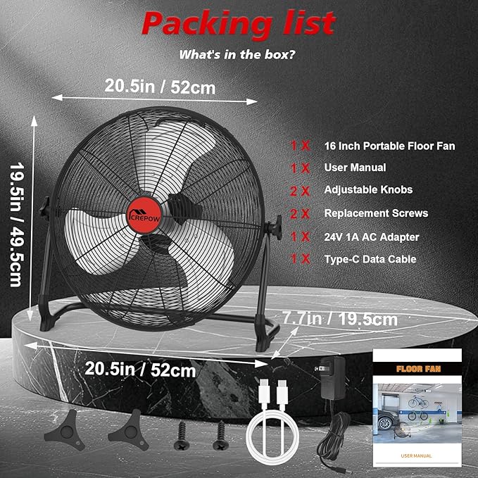 16" Battery Operated Floor Fan Compatible with Milwaukee 18V Battery, Portable Cordless Fan with AC Adapter, USB and Type-C Output, Variable Speed Fans for Jobsite Garage Camping(No Battery)