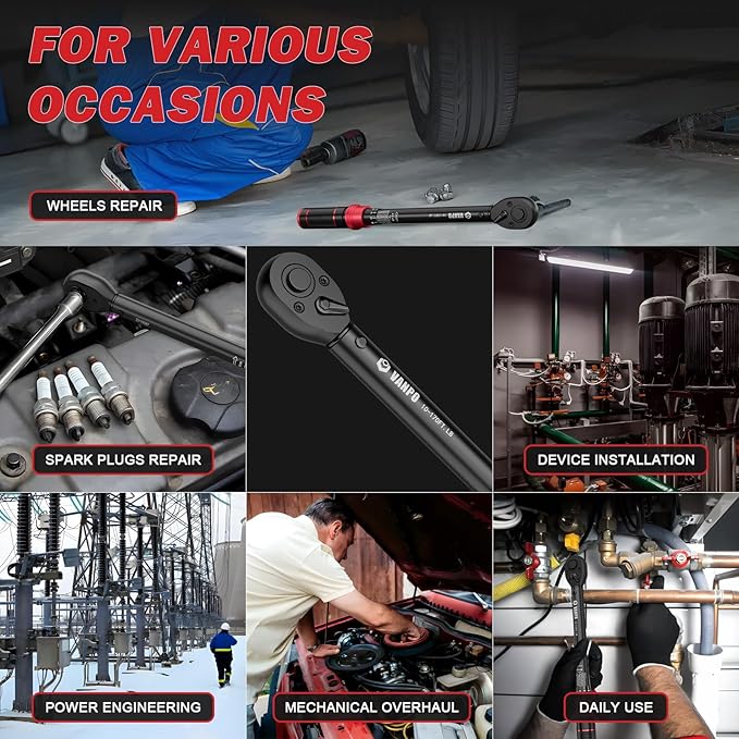 VANPO 1/2-inch Drive Click Torque Wrench,10-170 Ft-Lb/13.6-230.5 Nm, Adjustable Torque Wrench Set with 1/2" to 3/8" Adapter, 125mm Extension Bar, 72-Tooth Torque Wrench for Moto, Car Maintenance