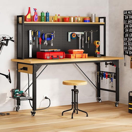 DWVO 60" Adjustable Workbench with Pegboard, Heavy Duty Wood Top Work Bench with Wheels, 1600 LBS Load Capacity, Rolling Work Table with AC/USB Outlet, Hooks, Rack for Garage, Workshop, Office, Home