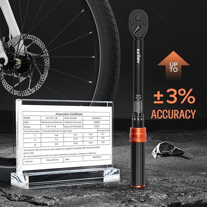 Kerry 3/8 Inch Drive Click Torque Wrench, 5-50 FT.LB/6.8-67.8 Nm, ±3% High Accuracy, Dual Range Scales, Clearly Graduated, Eeasy Read, Hardened Alumium Alloy, 72 Tooth Click Torque Wrench for Bike