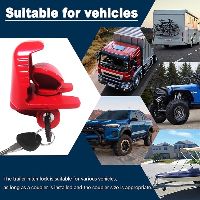 Trailer Hitch Locks with Keys, Fits 1-7/8 2-5/16 2 Inch Ball Hitch Lock Coupler Adjustable Tongue Lock Heavy Duty Steel for Vehicle Trailer Boat and RV, Anti-theft Hitches, Red-2 Pack-Not Keyed Alike