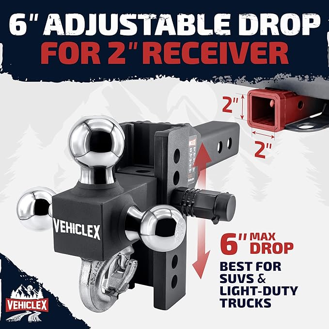 Vehiclex 6" Adjustable Drop Hitch for 2" Receiver, Heavy-Duty Tri-Ball & Tow Hook with Keyed-Alike Pin Locks for SUVs & Light-Duty Trucks, Solid Steel Design