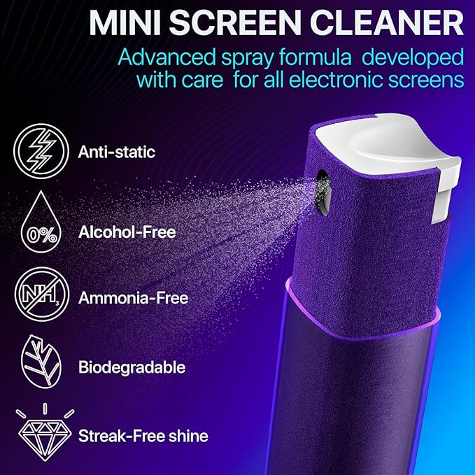 IO CLEAN Mini Screen Cleaner Spray – Finger Proof Screen Cleaner for Smartphones, iPads, MacBooks, Laptops, Car Screens, Touchscreens – 3in1 Mist Cleaner, Microfiber Cloth and Cover (Navy Blue)