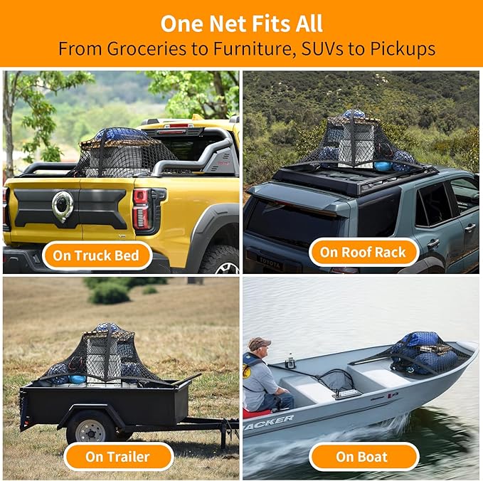 Highly Elastic Cargo Net - Heavy-Duty Truck Bed Cargo Net for Pickup Trucks, Vans, and SUVs | 4x4 FT Stretches to 7x7 FT, Perfect for Daily Light Loads