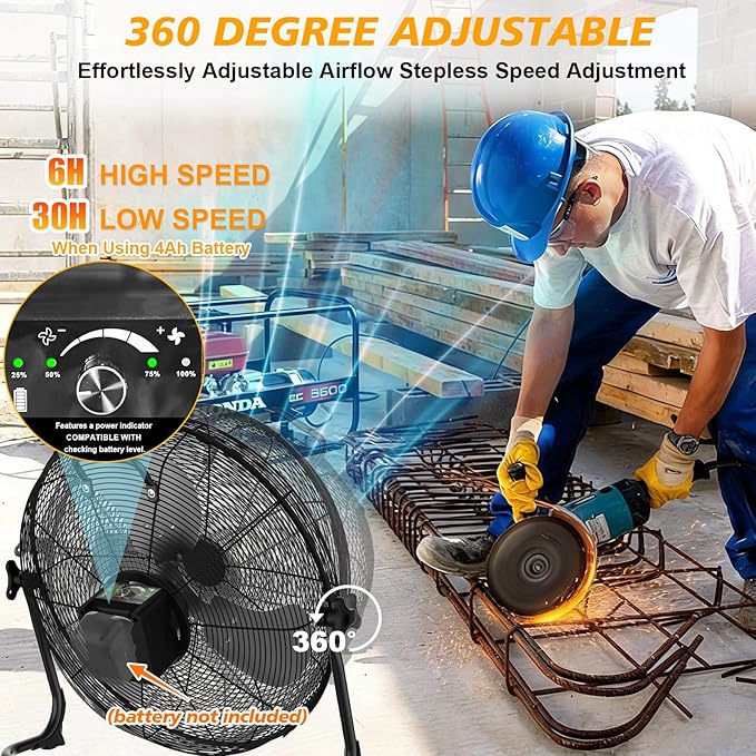 12" Battery Operated Floor Fan Compatible with Dewalt 20V Max Battery, Portable Cordless Fan with AC Adapter, USB and Type C Output, Variable Speed Fans for Jobsite Garage Camping (No Battery)