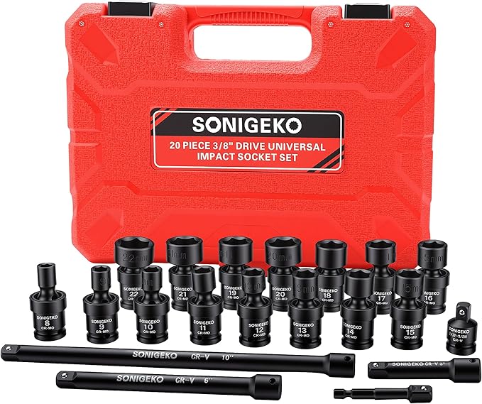 3/8" Drive Impact Swivel Sockets Set, 20 Piece, Metric Drive Impact Universal Joint, 6-Point, with Extension Bars, Socket Adapter, Drill Bit Adapter (Swivel Socket sets, 3/8",20pcs)